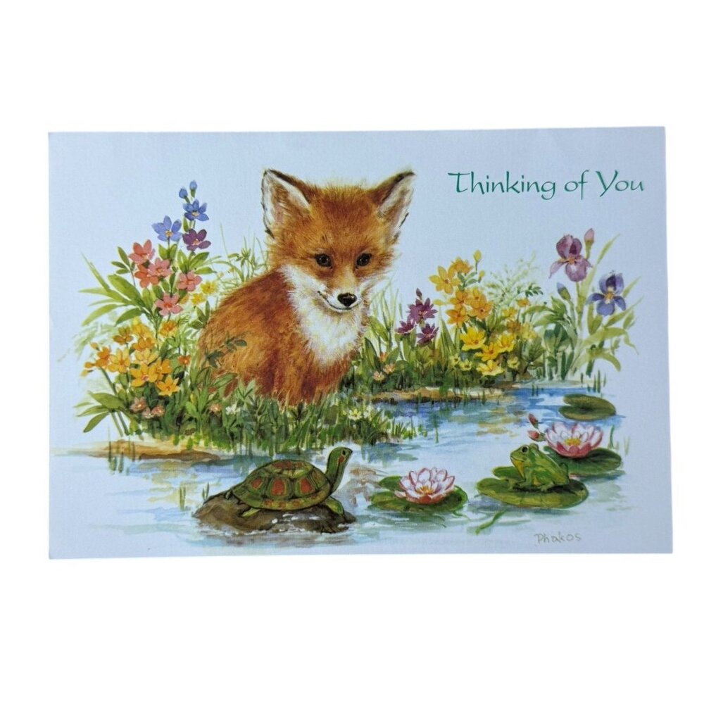Olympicard Thinking Of You Greeting Card‎ Fox Pond Turtle Flowers USA Made